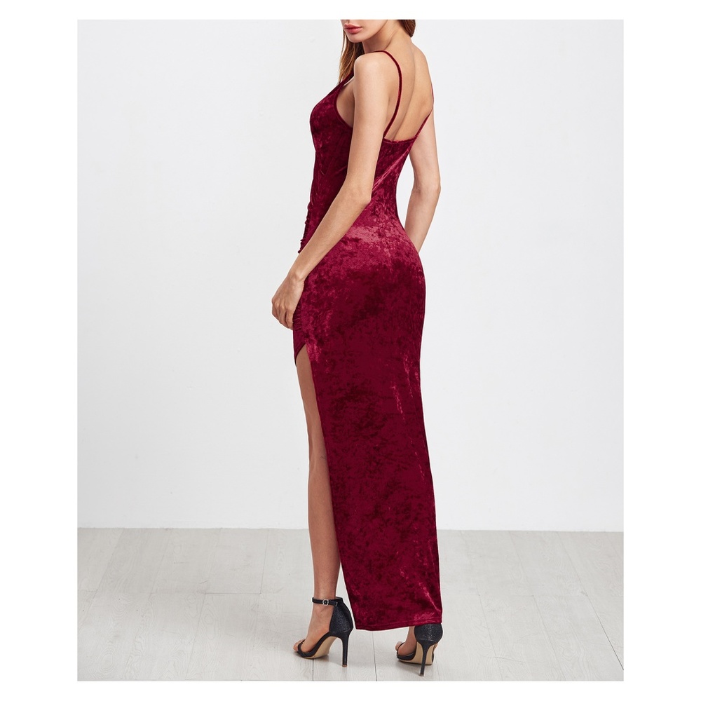 LAST ONE Burgundy Side Slit Velvet Maxi Dress - Picture 5 of 5